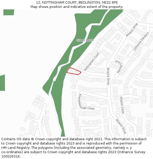 12, NOTTINGHAM COURT, BEDLINGTON, NE22 6PE: Location map and indicative extent of plot