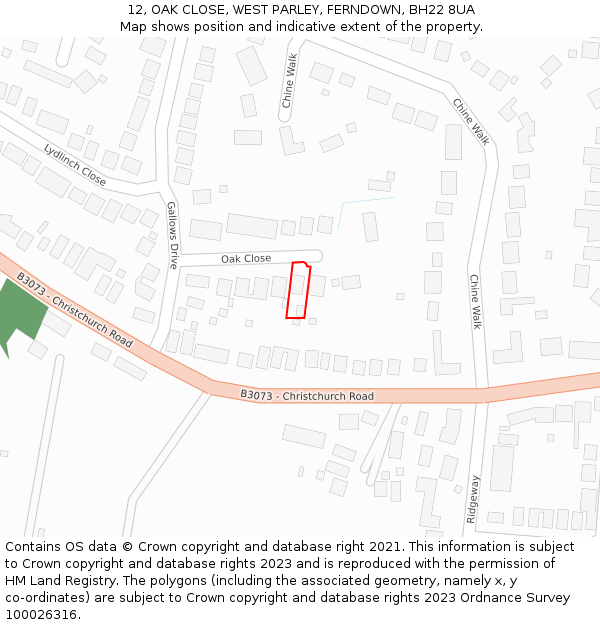 12, OAK CLOSE, WEST PARLEY, FERNDOWN, BH22 8UA: Location map and indicative extent of plot