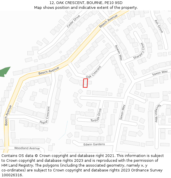 12, OAK CRESCENT, BOURNE, PE10 9SD: Location map and indicative extent of plot