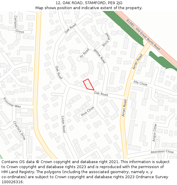 12, OAK ROAD, STAMFORD, PE9 2JG: Location map and indicative extent of plot