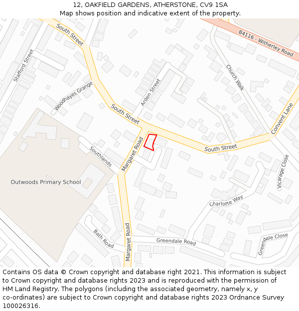 12, OAKFIELD GARDENS, ATHERSTONE, CV9 1SA: Location map and indicative extent of plot