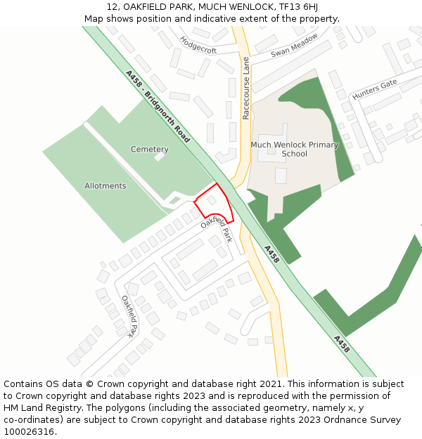 12, OAKFIELD PARK, MUCH WENLOCK, TF13 6HJ: Location map and indicative extent of plot