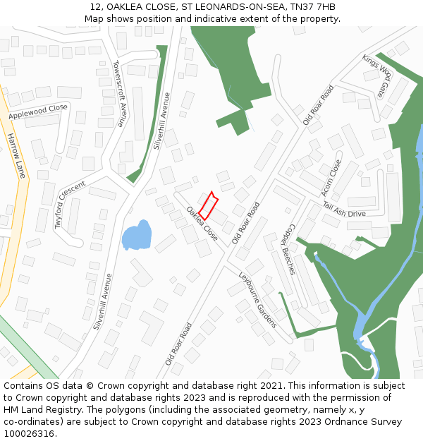 12, OAKLEA CLOSE, ST LEONARDS-ON-SEA, TN37 7HB: Location map and indicative extent of plot