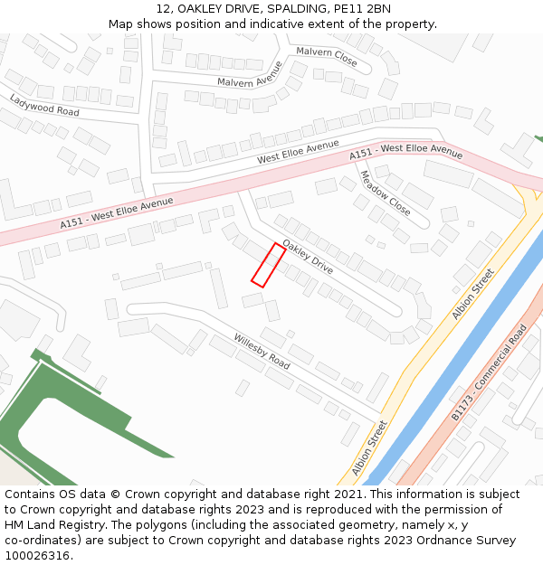 12, OAKLEY DRIVE, SPALDING, PE11 2BN: Location map and indicative extent of plot