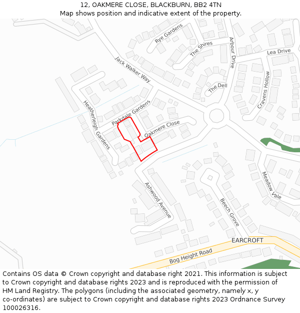12, OAKMERE CLOSE, BLACKBURN, BB2 4TN: Location map and indicative extent of plot