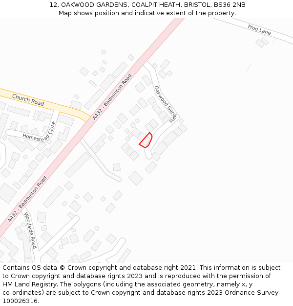 12, OAKWOOD GARDENS, COALPIT HEATH, BRISTOL, BS36 2NB: Location map and indicative extent of plot