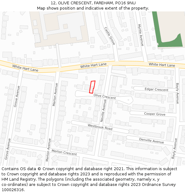 12, OLIVE CRESCENT, FAREHAM, PO16 9NU: Location map and indicative extent of plot