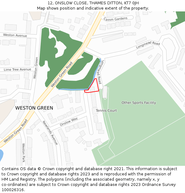 12, ONSLOW CLOSE, THAMES DITTON, KT7 0JH: Location map and indicative extent of plot