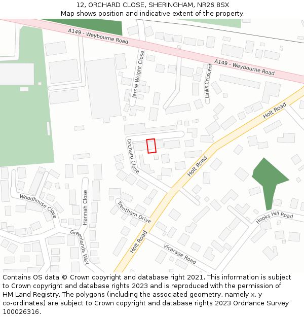 12, ORCHARD CLOSE, SHERINGHAM, NR26 8SX: Location map and indicative extent of plot