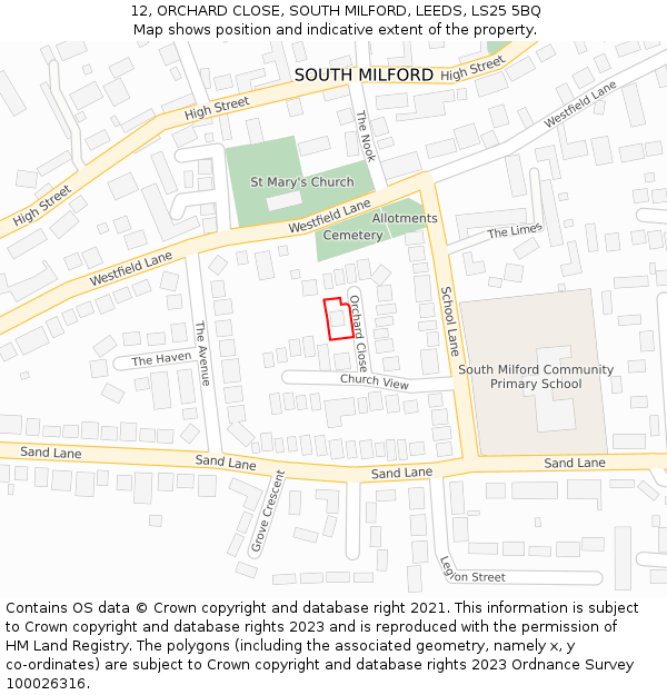 12, ORCHARD CLOSE, SOUTH MILFORD, LEEDS, LS25 5BQ: Location map and indicative extent of plot