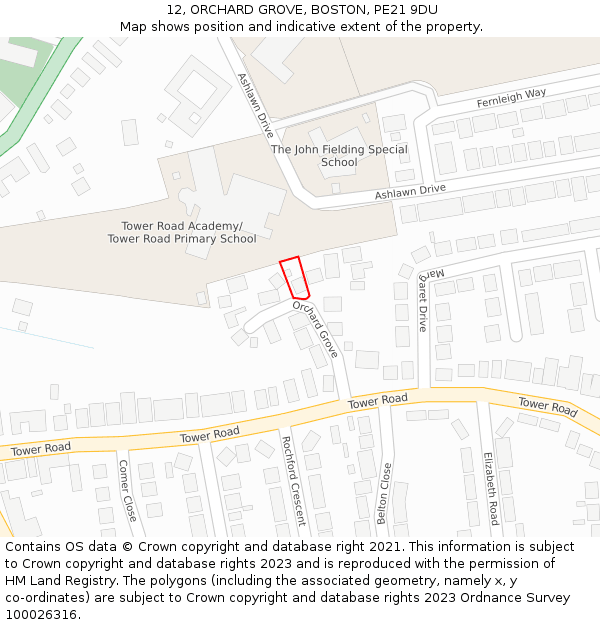 12, ORCHARD GROVE, BOSTON, PE21 9DU: Location map and indicative extent of plot