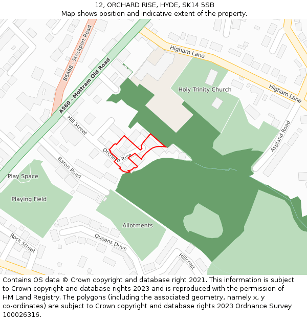 12, ORCHARD RISE, HYDE, SK14 5SB: Location map and indicative extent of plot