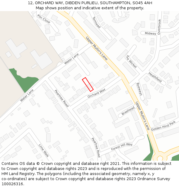 12, ORCHARD WAY, DIBDEN PURLIEU, SOUTHAMPTON, SO45 4AH: Location map and indicative extent of plot