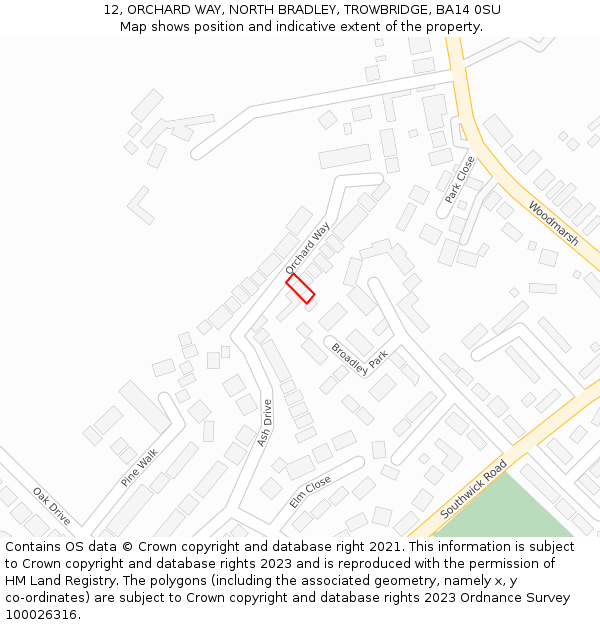 12, ORCHARD WAY, NORTH BRADLEY, TROWBRIDGE, BA14 0SU: Location map and indicative extent of plot
