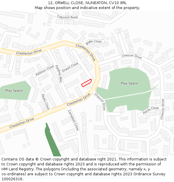 12, ORWELL CLOSE, NUNEATON, CV10 9RL: Location map and indicative extent of plot