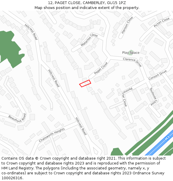 12, PAGET CLOSE, CAMBERLEY, GU15 1PZ: Location map and indicative extent of plot