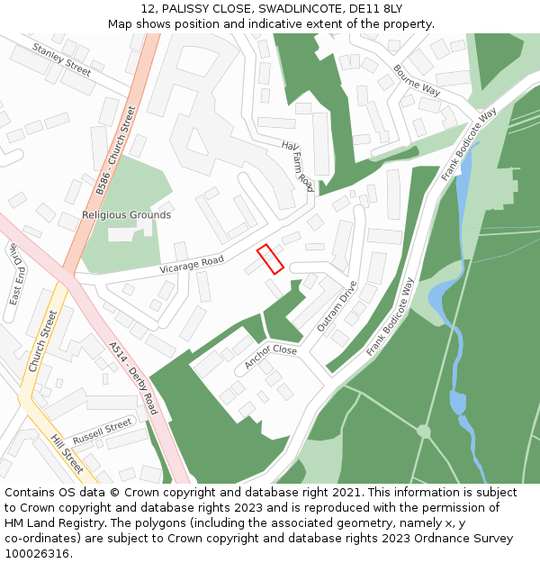 12, PALISSY CLOSE, SWADLINCOTE, DE11 8LY: Location map and indicative extent of plot