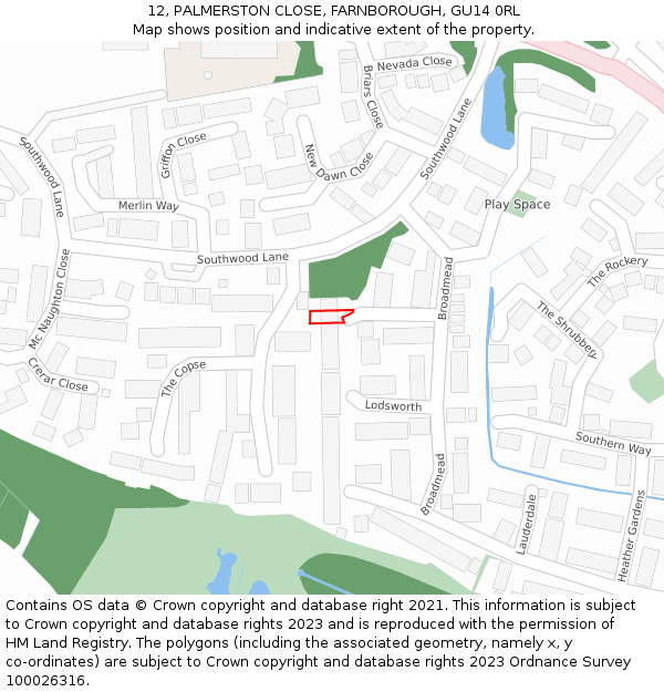 12, PALMERSTON CLOSE, FARNBOROUGH, GU14 0RL: Location map and indicative extent of plot