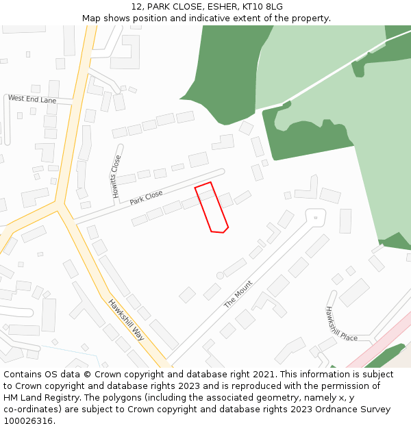 12, PARK CLOSE, ESHER, KT10 8LG: Location map and indicative extent of plot