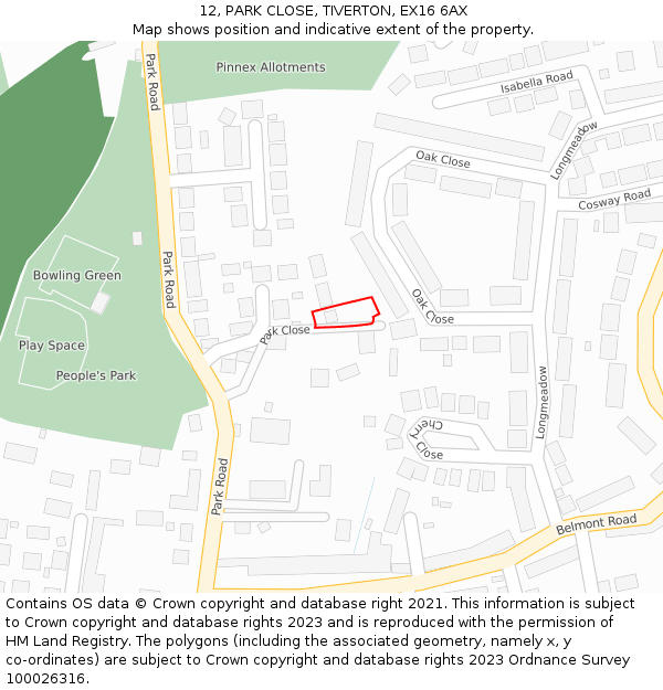 12, PARK CLOSE, TIVERTON, EX16 6AX: Location map and indicative extent of plot