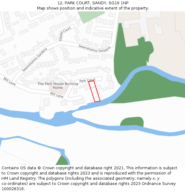 12, PARK COURT, SANDY, SG19 1NP: Location map and indicative extent of plot