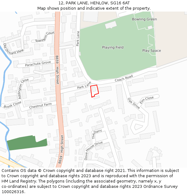 12, PARK LANE, HENLOW, SG16 6AT: Location map and indicative extent of plot