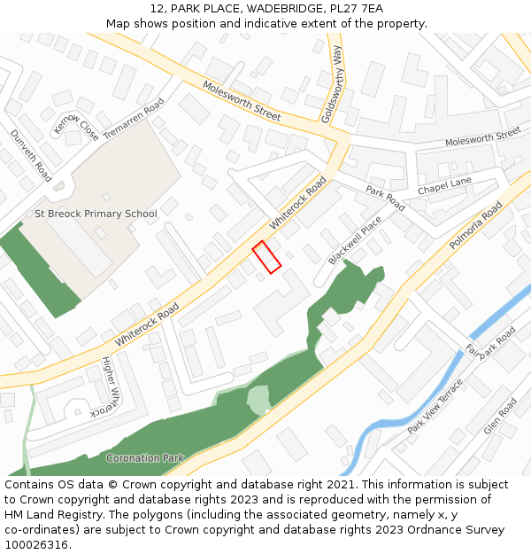12, PARK PLACE, WADEBRIDGE, PL27 7EA: Location map and indicative extent of plot
