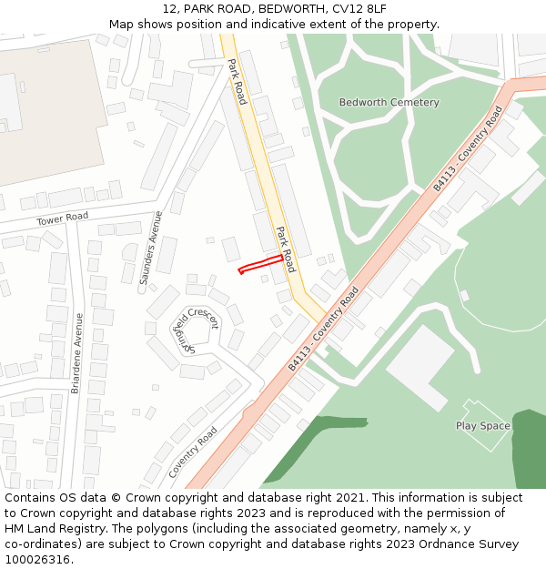 12, PARK ROAD, BEDWORTH, CV12 8LF: Location map and indicative extent of plot