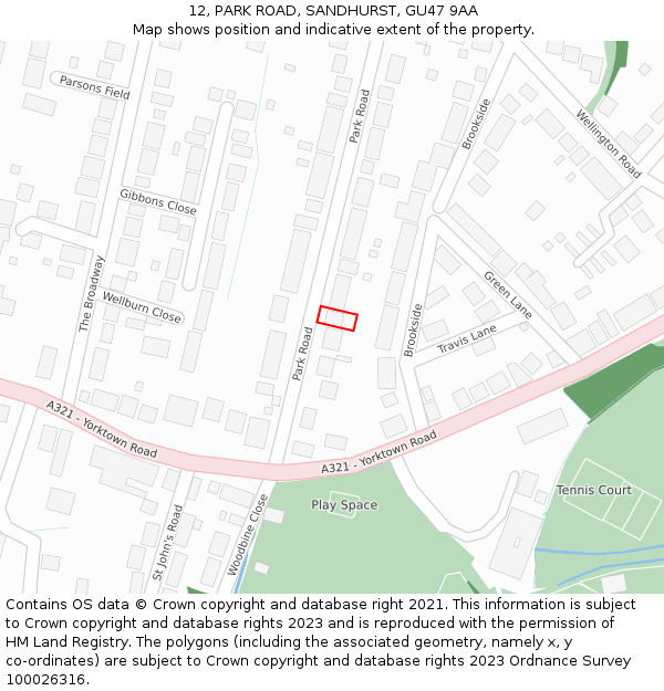 12, PARK ROAD, SANDHURST, GU47 9AA: Location map and indicative extent of plot