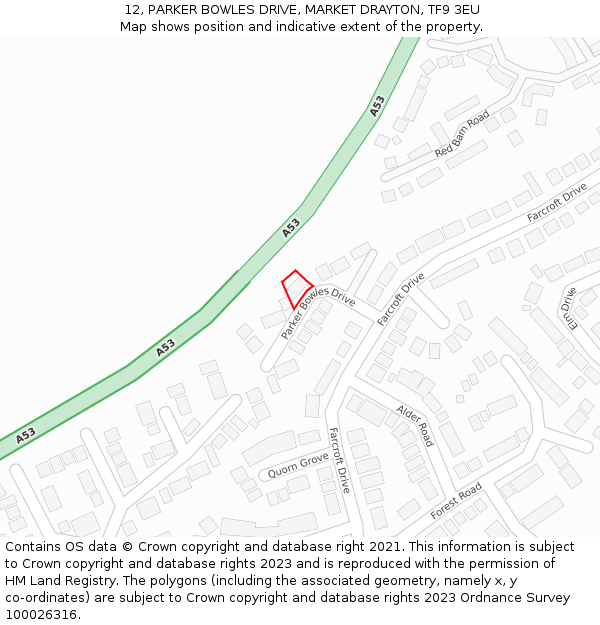 12, PARKER BOWLES DRIVE, MARKET DRAYTON, TF9 3EU: Location map and indicative extent of plot