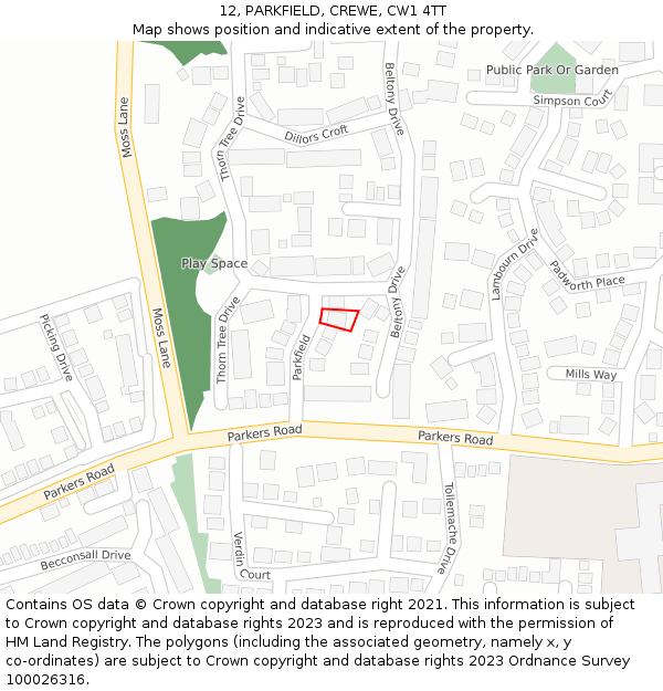 12, PARKFIELD, CREWE, CW1 4TT: Location map and indicative extent of plot