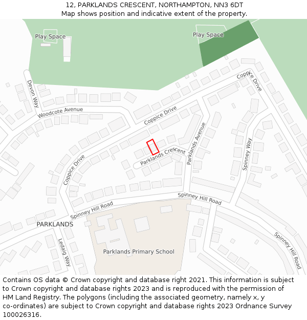 12, PARKLANDS CRESCENT, NORTHAMPTON, NN3 6DT: Location map and indicative extent of plot