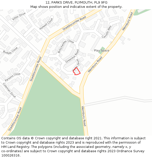 12, PARKS DRIVE, PLYMOUTH, PL9 9FG: Location map and indicative extent of plot