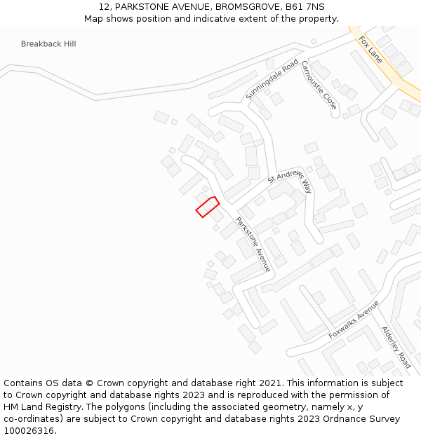 12, PARKSTONE AVENUE, BROMSGROVE, B61 7NS: Location map and indicative extent of plot