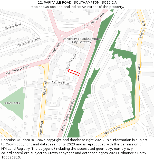 12, PARKVILLE ROAD, SOUTHAMPTON, SO16 2JA: Location map and indicative extent of plot