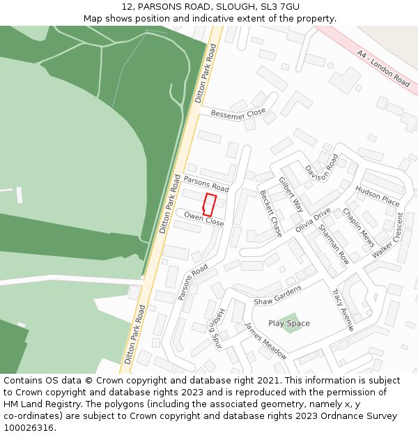12, PARSONS ROAD, SLOUGH, SL3 7GU: Location map and indicative extent of plot
