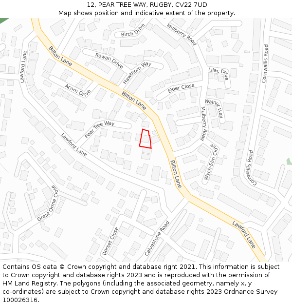 12, PEAR TREE WAY, RUGBY, CV22 7UD: Location map and indicative extent of plot