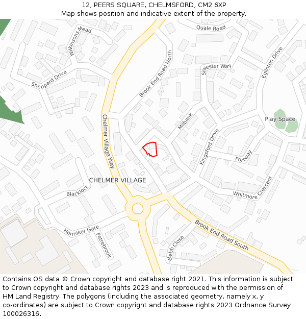 12, PEERS SQUARE, CHELMSFORD, CM2 6XP: Location map and indicative extent of plot