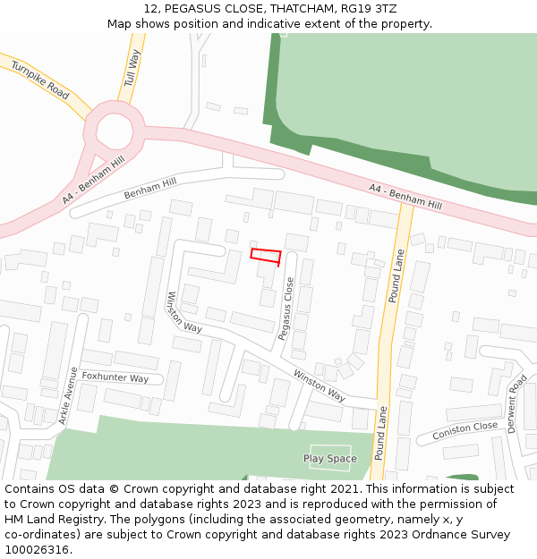 12, PEGASUS CLOSE, THATCHAM, RG19 3TZ: Location map and indicative extent of plot