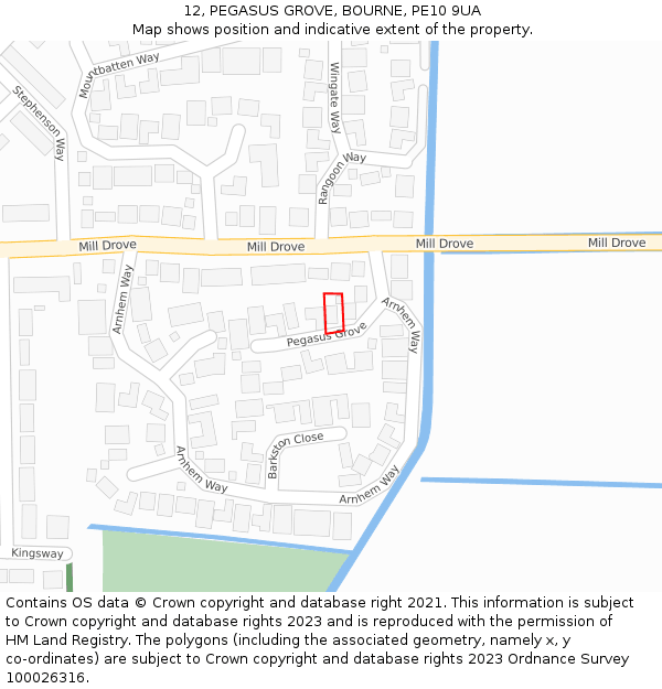 12, PEGASUS GROVE, BOURNE, PE10 9UA: Location map and indicative extent of plot
