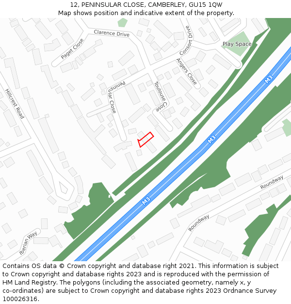 12, PENINSULAR CLOSE, CAMBERLEY, GU15 1QW: Location map and indicative extent of plot