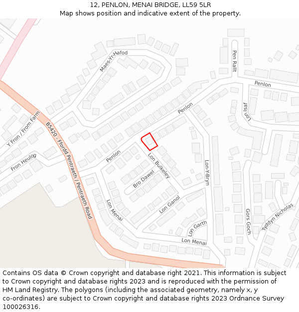 12, PENLON, MENAI BRIDGE, LL59 5LR: Location map and indicative extent of plot