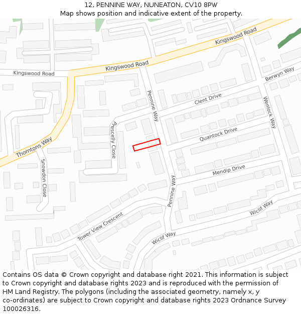 12, PENNINE WAY, NUNEATON, CV10 8PW: Location map and indicative extent of plot