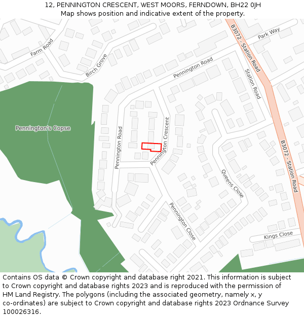 12, PENNINGTON CRESCENT, WEST MOORS, FERNDOWN, BH22 0JH: Location map and indicative extent of plot