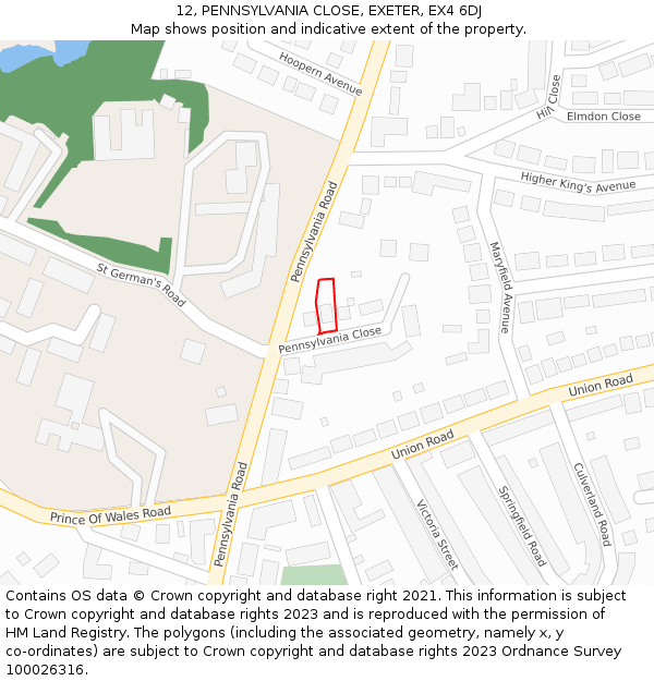 12, PENNSYLVANIA CLOSE, EXETER, EX4 6DJ: Location map and indicative extent of plot