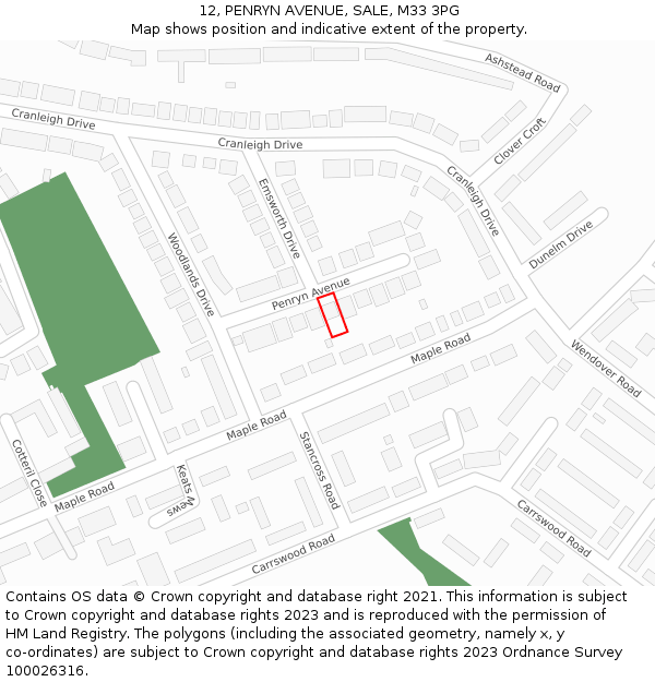 12, PENRYN AVENUE, SALE, M33 3PG: Location map and indicative extent of plot