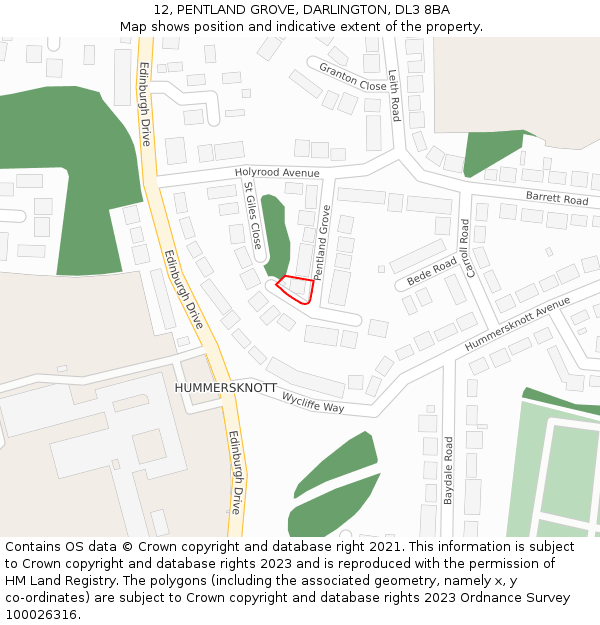 12, PENTLAND GROVE, DARLINGTON, DL3 8BA: Location map and indicative extent of plot