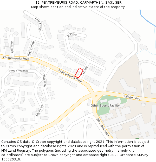 12, PENTREMEURIG ROAD, CARMARTHEN, SA31 3ER: Location map and indicative extent of plot