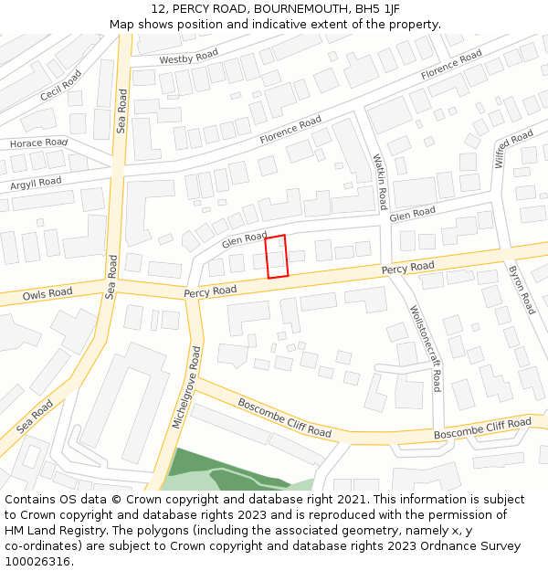 12, PERCY ROAD, BOURNEMOUTH, BH5 1JF: Location map and indicative extent of plot