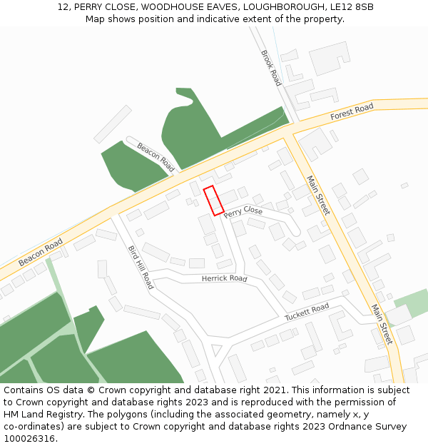 12, PERRY CLOSE, WOODHOUSE EAVES, LOUGHBOROUGH, LE12 8SB: Location map and indicative extent of plot